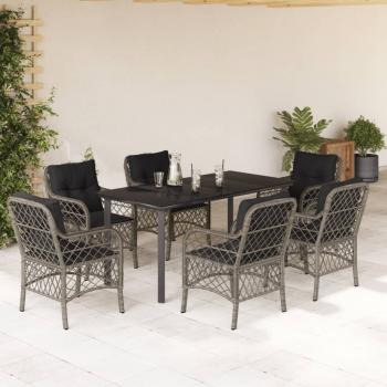 ARDEBO.de - 7-tlg. Garten-Essgruppe mit Kissen Grau Poly Rattan