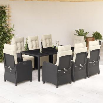 ARDEBO.de - 9-tlg. Garten-Essgruppe mit Kissen Schwarz Poly Rattan