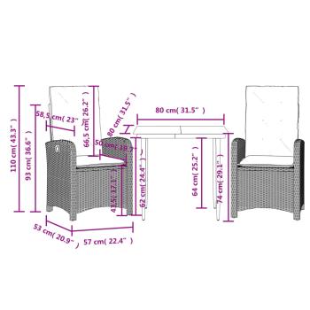 3-tlg. Garten-Essgruppe mit Kissen Schwarz Poly Rattan