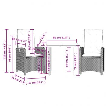 3-tlg. Garten-Essgruppe mit Kissen Schwarz Poly Rattan