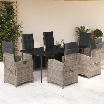ARDEBO.de - 7-tlg. Garten-Essgruppe mit Kissen Grau Poly Rattan