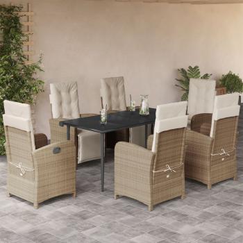 ARDEBO.de - 7-tlg. Garten-Essgruppe mit Kissen Beige Poly Rattan
