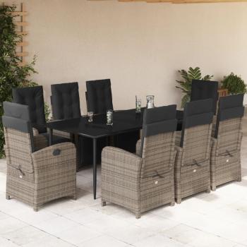 ARDEBO.de - 9-tlg. Garten-Essgruppe mit Kissen Grau Poly Rattan
