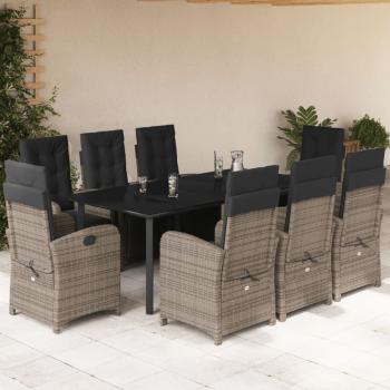ARDEBO.de - 9-tlg. Garten-Essgruppe mit Kissen Grau Poly Rattan