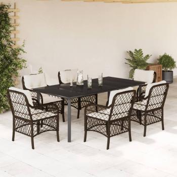 ARDEBO.de - 7-tlg. Garten-Essgruppe mit Kissen Braun Poly Rattan