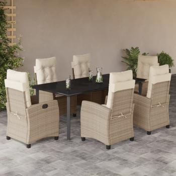 ARDEBO.de - 7-tlg. Garten-Essgruppe mit Kissen Beige Poly Rattan