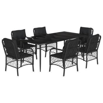7-tlg. Garten-Essgruppe mit Kissen Schwarz Poly Rattan