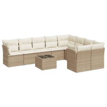 10-tlg. Garten-Sofagarnitur mit Kissen Beige Poly Rattan