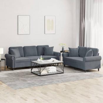 ARDEBO.de - 2-tlg. Sofagarnitur mit Kissen Dunkelgrau Samt