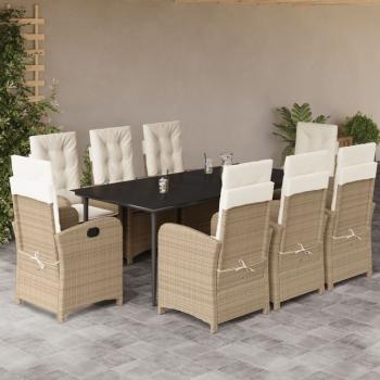 ARDEBO.de - 9-tlg. Garten-Essgruppe mit Kissen Beige Poly Rattan