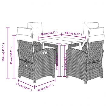 5-tlg. Garten-Essgruppe mit Kissen Hellgrau Poly Rattan