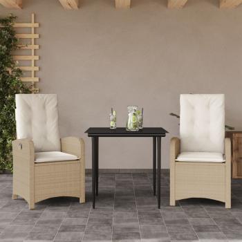 ARDEBO.de - 3-tlg. Garten-Essgruppe mit Kissen Beige Poly Rattan