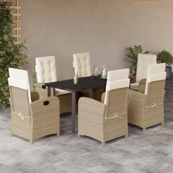ARDEBO.de - 7-tlg. Garten-Essgruppe mit Kissen Beige Poly Rattan