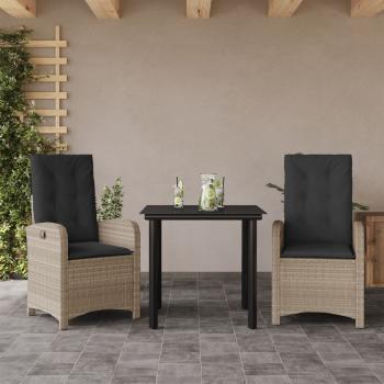 ARDEBO.de - 3-tlg. Garten-Essgruppe mit Kissen Hellgrau Poly Rattan