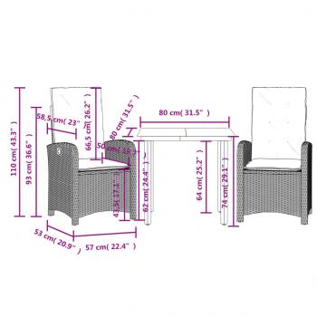 3-tlg. Garten-Essgruppe mit Kissen Hellgrau Poly Rattan