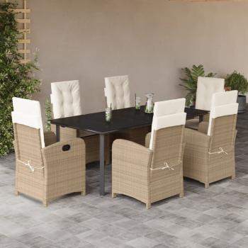 ARDEBO.de - 7-tlg. Garten-Essgruppe mit Kissen Beige Poly Rattan