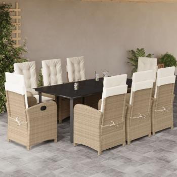ARDEBO.de - 9-tlg. Garten-Essgruppe mit Kissen Beige Poly Rattan
