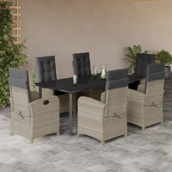 ARDEBO.de - 7-tlg. Garten-Essgruppe mit Kissen Hellgrau Poly Rattan