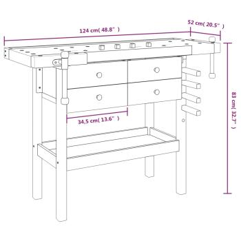Werkbank mit Schubladen Schraubstöcken 124x52x83 cm Akazienholz