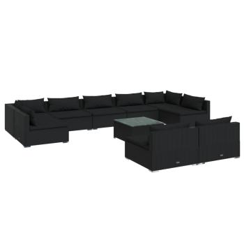 10-tlg. Garten-Lounge-Set mit Kissen Schwarz Poly Rattan
