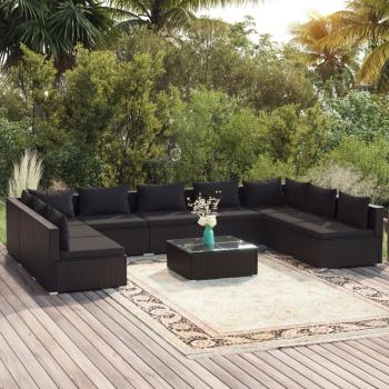 ARDEBO.de - 10-tlg. Garten-Lounge-Set mit Kissen Poly Rattan Schwarz