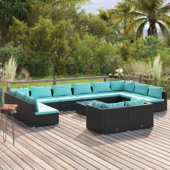 ARDEBO.de - 13-tlg. Garten-Lounge-Set mit Kissen Schwarz Poly Rattan