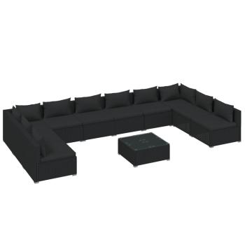 11-tlg. Garten-Lounge-Set mit Kissen Poly Rattan Schwarz