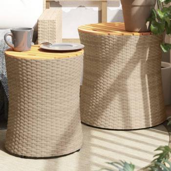ARDEBO.de - Garten-Beistelltische 2 Stk. mit Holzplatte Beige Poly Rattan