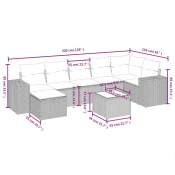 8-tlg. Garten-Sofagarnitur mit Kissen Grau Poly Rattan