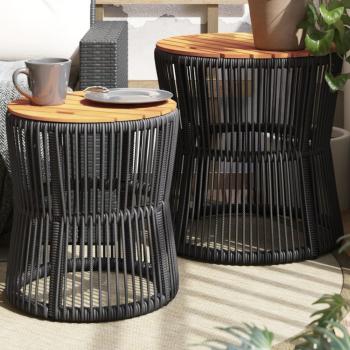 ARDEBO.de - Garten-Beistelltische 2 Stk. mit Holzplatte Schwarz Poly Rattan