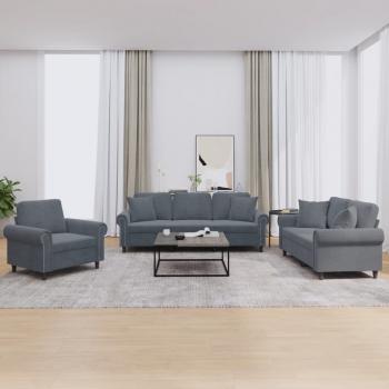 ARDEBO.de - 3-tlg. Sofagarnitur mit Kissen Dunkelgrau Samt