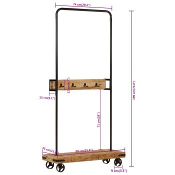 Kleiderständer mit Rollen 90x35x190 cm Massivholz Mango Eisen