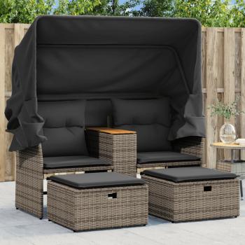 ARDEBO.de - Gartensofa 2-Sitzer mit Dach und Hockern Grau Poly Rattan
