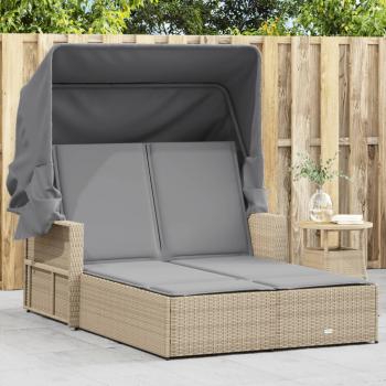 ARDEBO.de - Doppel-Sonnenliege mit Dach und Auflagen Beige Poly Rattan