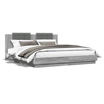ARDEBO.de - Bettgestell mit Kopfteil und LED-Leuchten Grau Sonoma 200x200cm