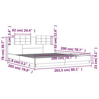 Bettgestell mit Kopfteil und LED-Leuchten Grau Sonoma 200x200cm