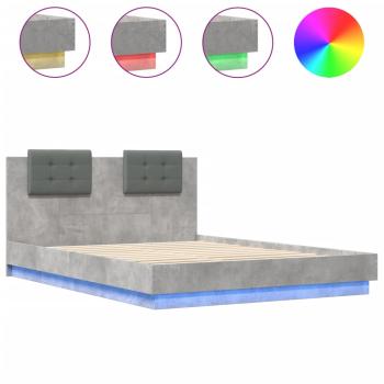 Bettgestell mit Kopfteil und LED-Leuchten Betongrau 120x200 cm