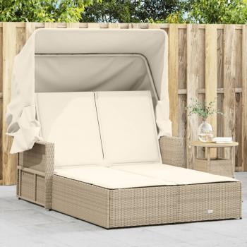 ARDEBO.de - Doppel-Sonnenliege mit Dach und Auflagen Beige Poly Rattan