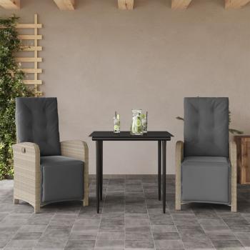ARDEBO.de - 3-tlg. Bistro-Set mit Kissen Hellgrau Poly Rattan