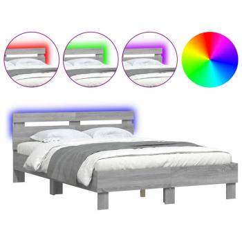 Bettgestell mit Kopfteil LED-Beleuchtung Grau Sonoma 135x190 cm