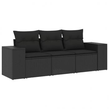 3-tlg. Garten-Sofagarnitur mit Kissen Schwarz Poly Rattan