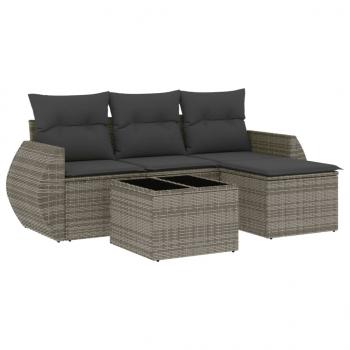 5-tlg. Garten-Sofagarnitur mit Kissen Grau Poly Rattan