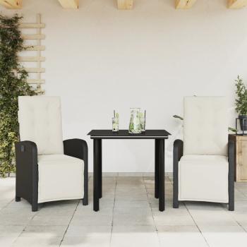 ARDEBO.de - 3-tlg. Bistro-Set mit Kissen Schwarz Poly Rattan
