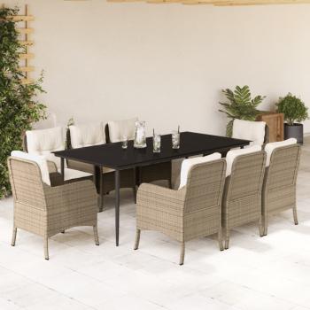 ARDEBO.de - 9-tlg. Garten-Essgruppe mit Kissen Beige Poly Rattan