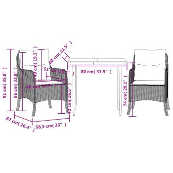 3-tlg. Garten-Essgruppe mit Kissen Hellgrau Poly Rattan
