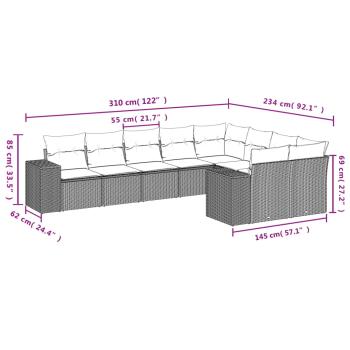 9-tlg. Garten-Sofagarnitur mit Kissen Grau Poly Rattan