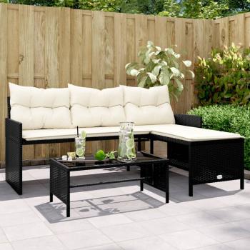 ARDEBO.de - Gartensofa in L-Form mit Tisch und Kissen Schwarz Poly Rattan