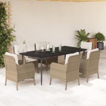 ARDEBO.de - 7-tlg. Garten-Essgruppe mit Kissen Beige Poly Rattan