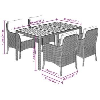 5-tlg. Garten-Essgruppe mit Kissen Schwarz Poly Rattan