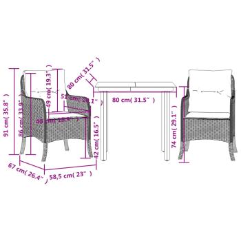 3-tlg. Garten-Essgruppe mit Kissen Schwarz Poly Rattan